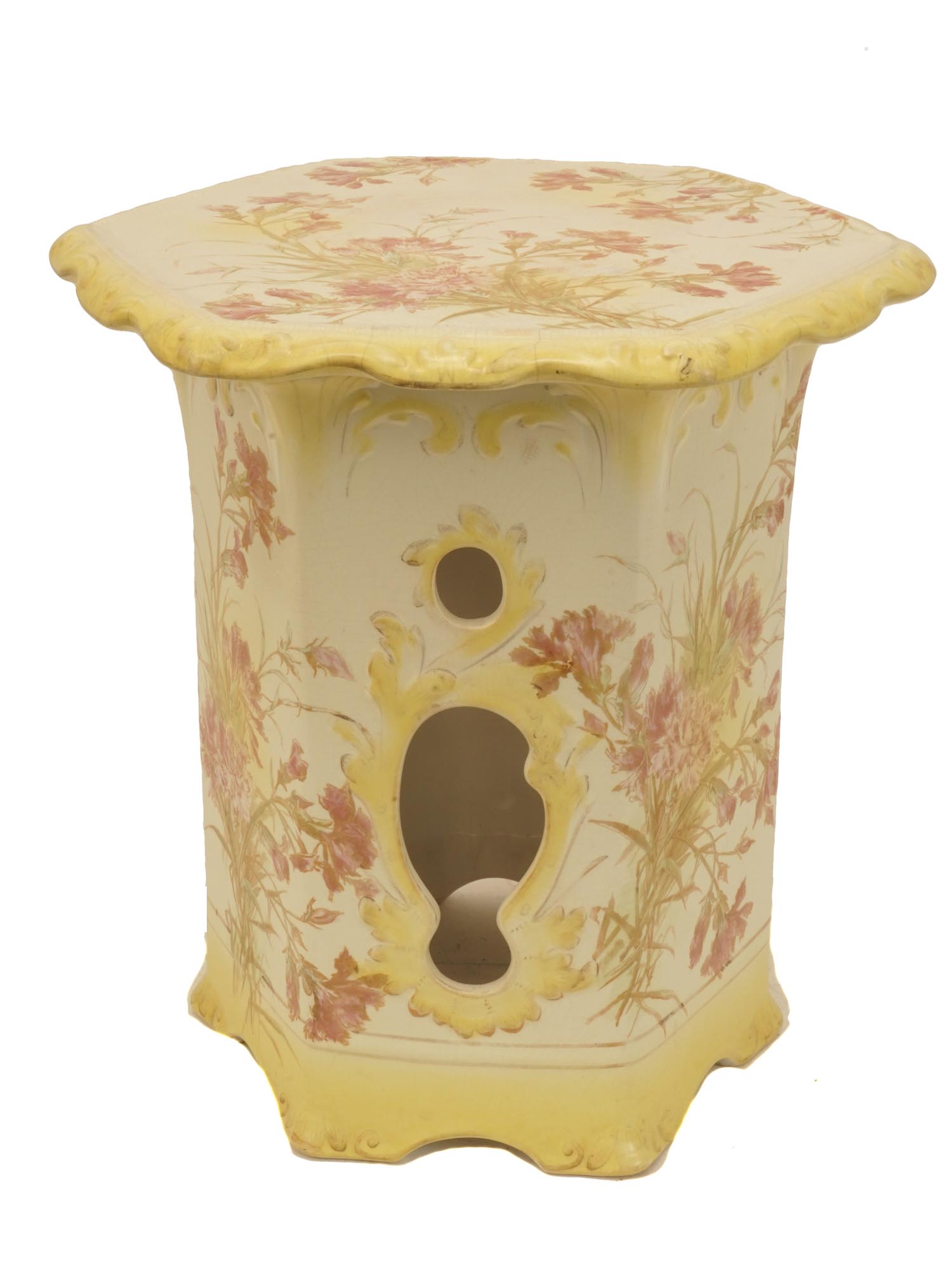 JAPANESE HAND PAINTED YELLOW PINK PORCELAIN STOOL PIC-2